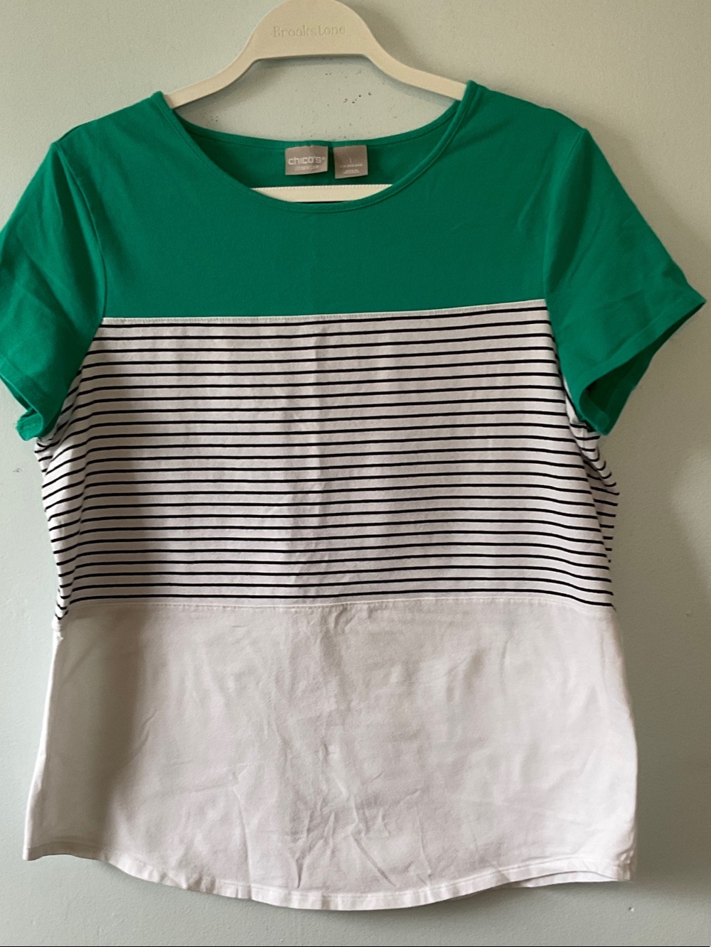 Chico's Green, White & Black Striped Colorblock Tee